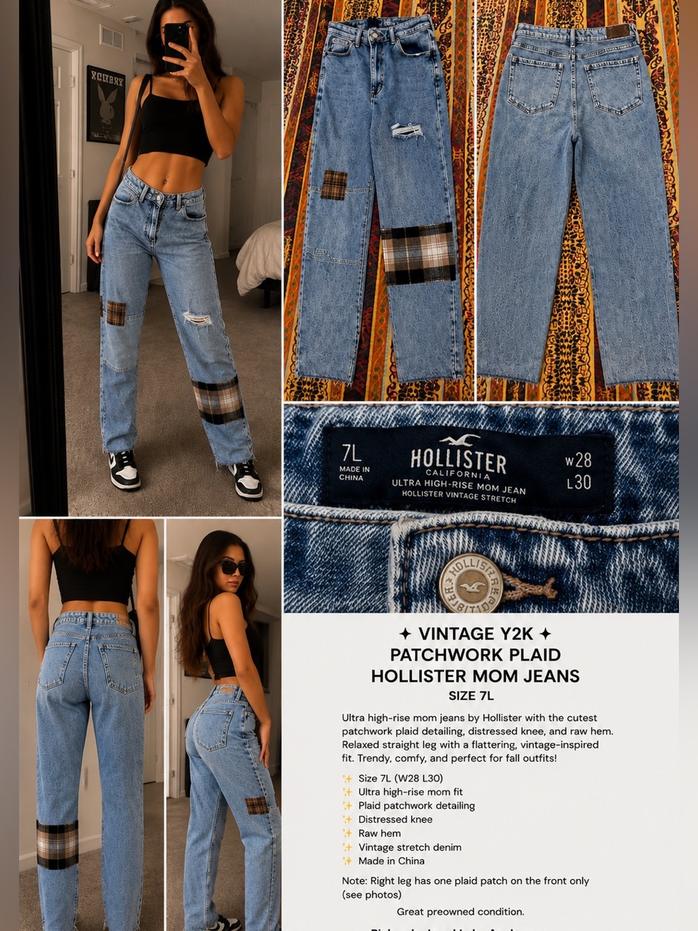 Patchwork Plaid Hollister Mom Jeans — Size 7L